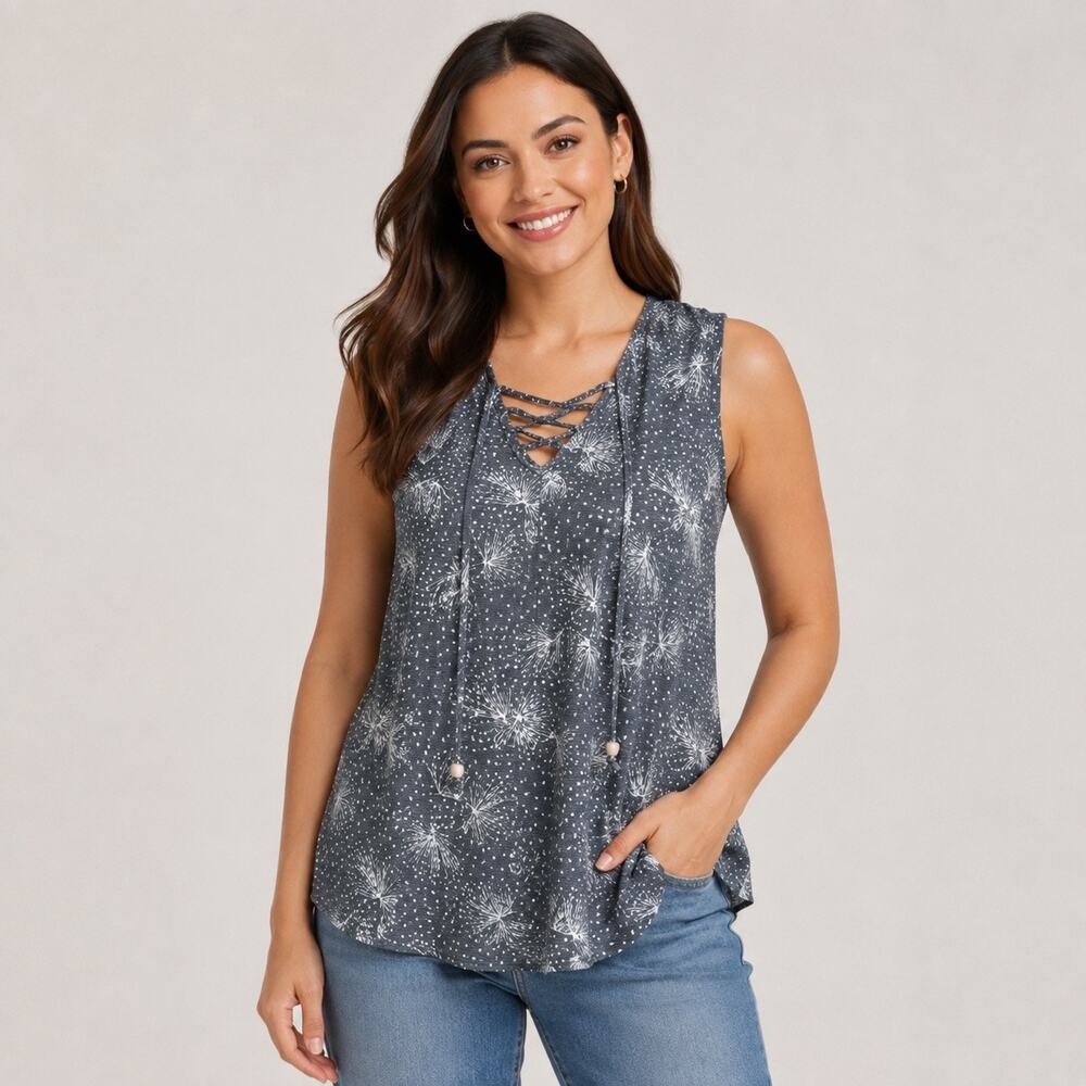 Maurices Tank Top Medium Gray White Dandelion Print Lace Up V Neck Sleeveless